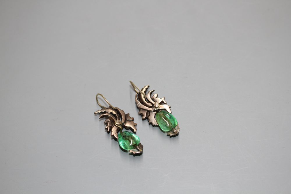 A pair of antique yellow metal, emerald and rose cut diamond set foliate earrings, with GCS certificate dated 14/02/20.